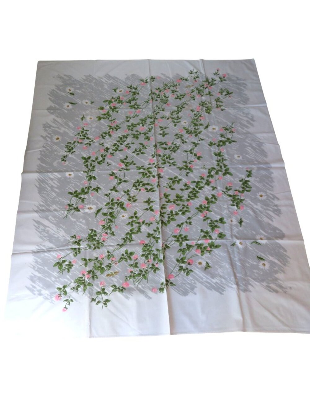 Vintage 1950s Floral Tablecloth 61"x 52" Pink Clover Daisy Print Gray White Back